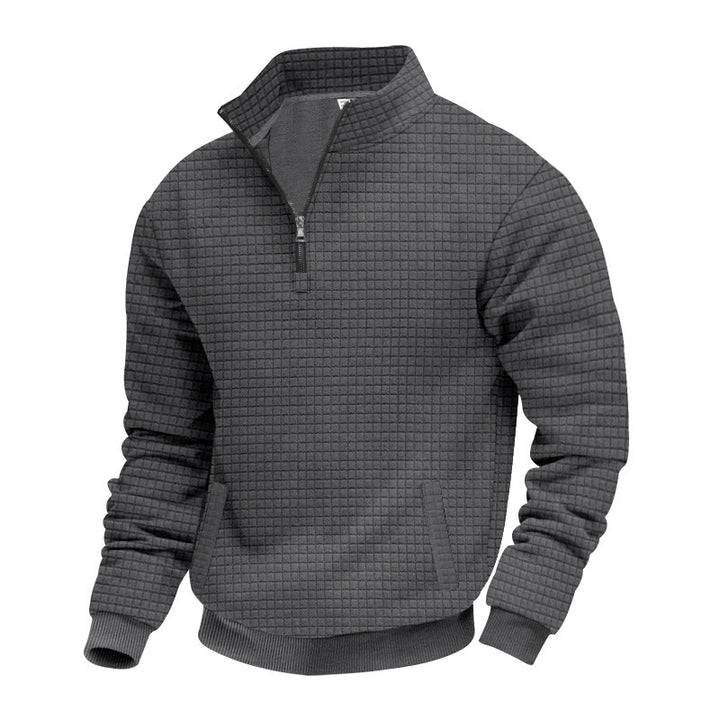 Men's Waffle Knit Half-Zip Pullover with Stand Collar and Elastic Hem Mune Fashion