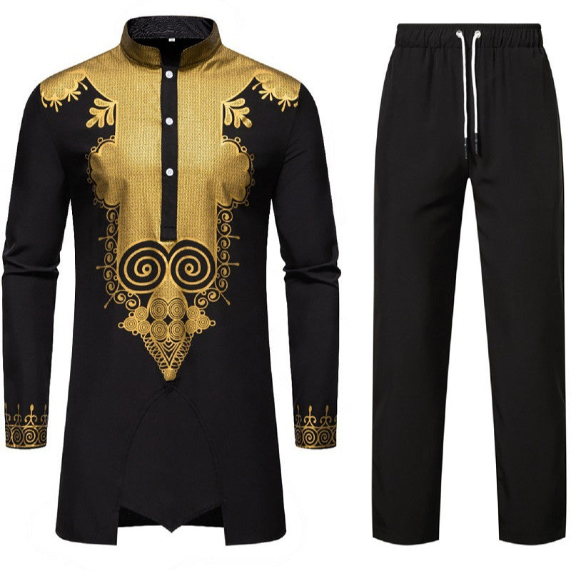 Men's Traditional Tunic Set with Mandarin Collar and Gold-Embellished Ornaments Mune Fashion