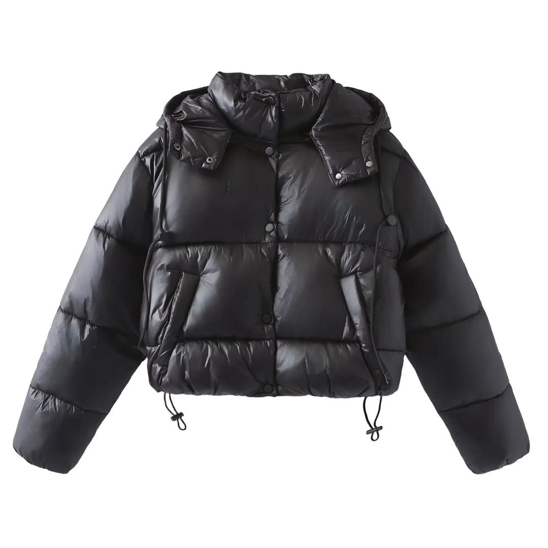 Women's oversized padded short jacket with detachable hood, high stand-up collar, and drawstring hem Mune Fashion
