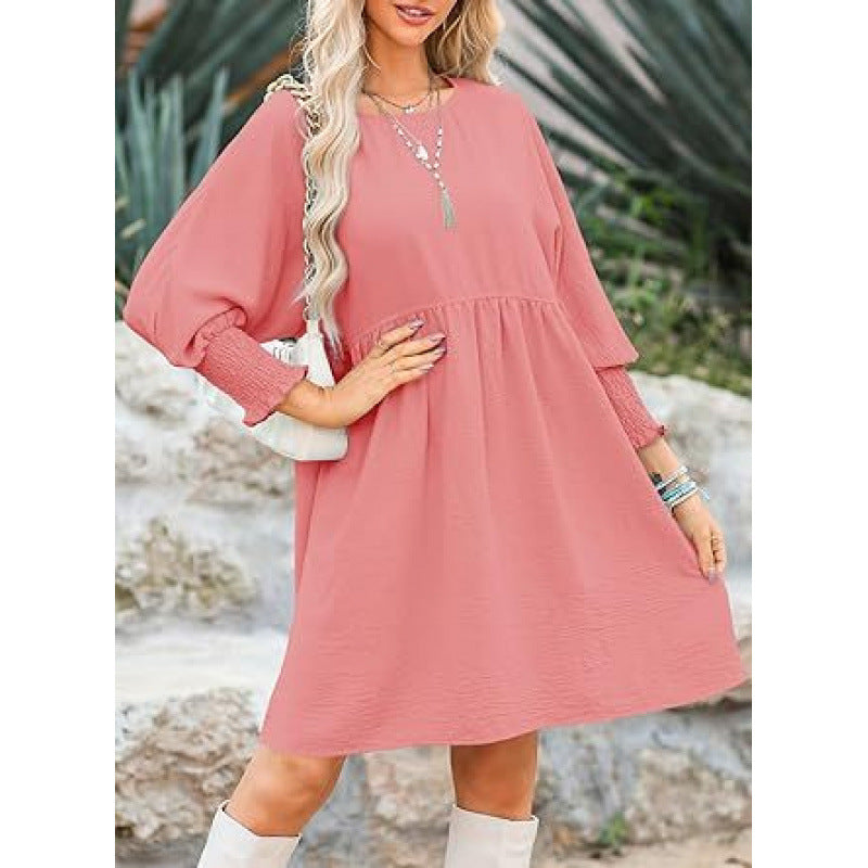 Women's Loose Babydoll Dress with Balloon Sleeves and Gathered Waist Mune Fashion