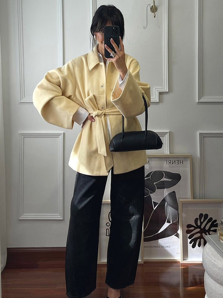 Women's short coat with tie belt, boxy oversized silhouette and wide sleeves Mune Fashion