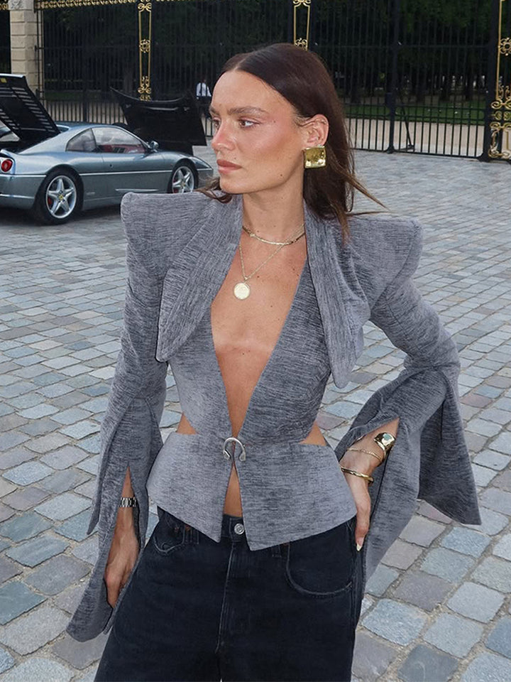 Women's Sculptural Peplum Blazer with Deep V-Neck, Cut-Outs and Dramatic Sleeve Slits Mune Fashion