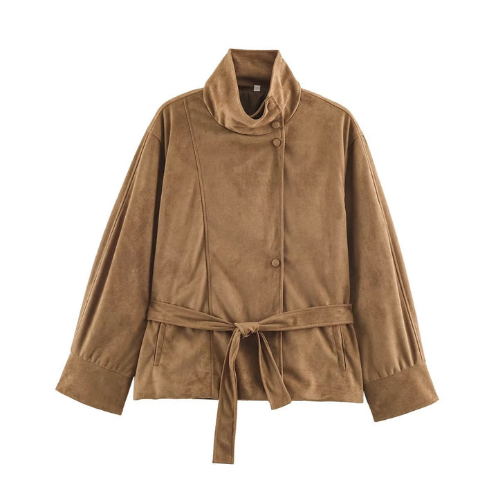 Women's Boxy Wrap Jacket in Velour Look with High Stand-Up Collar and Tie Belt Mune Fashion