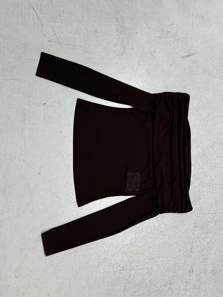 Women's off-shoulder fine knit long sleeve with ruched cowl neck and fitted silhouette Mune Fashion