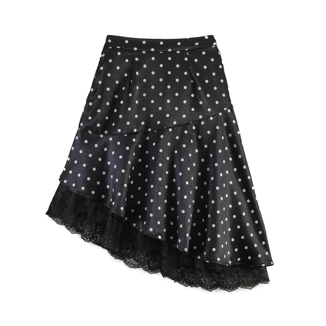 Women's Asymmetric Tiered Skirt with Ruffles, Dots, and Lace Trim Mune Fashion
