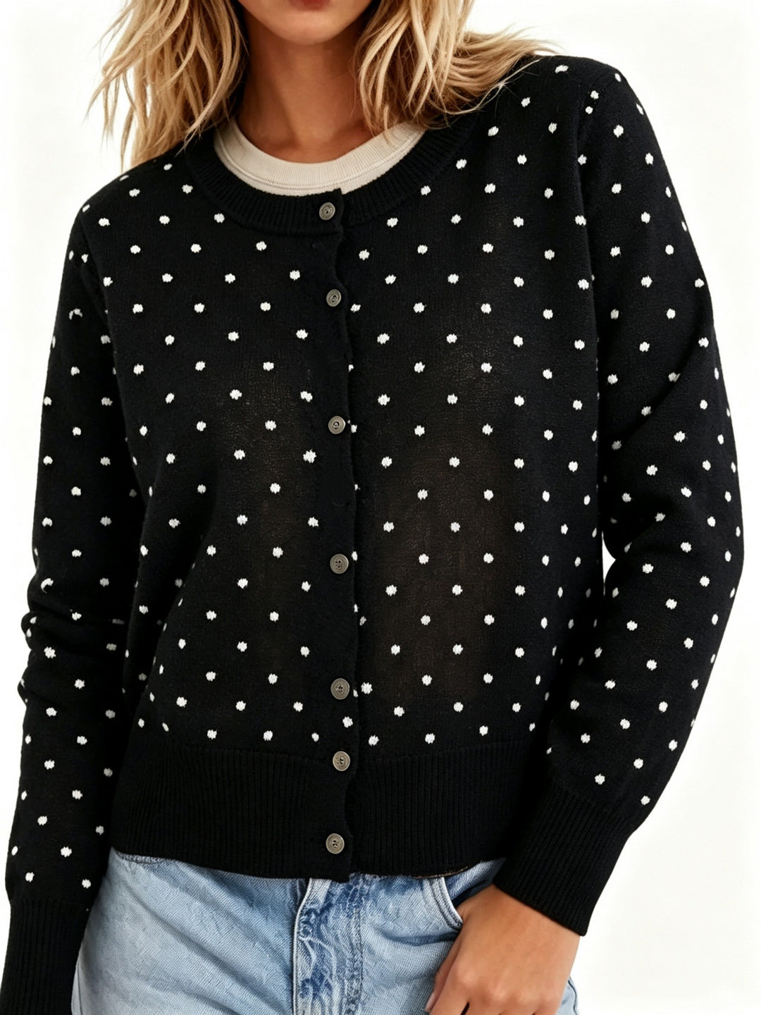 Women's Dotted Fine Knit Cardigan with Round Neck and Ribbed Cuffs Mune Fashion