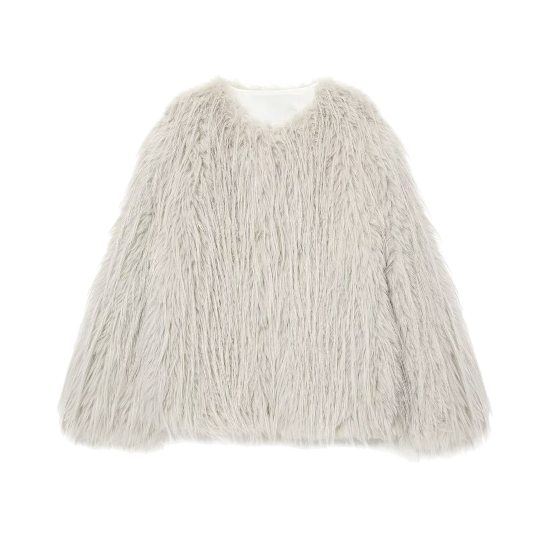 Women's Faux Fur Coat with Long Shaggy Fur and Round Neckline Mune Fashion