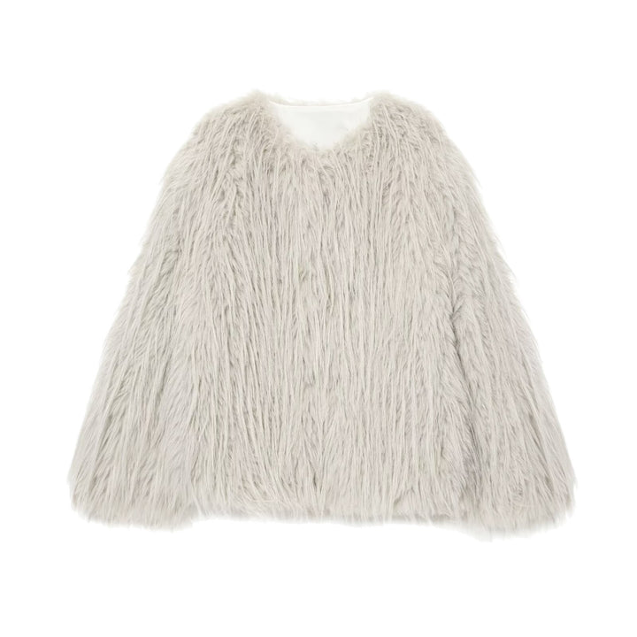 Women's Faux Fur Coat with Long Shaggy Fur and Round Neckline Mune Fashion