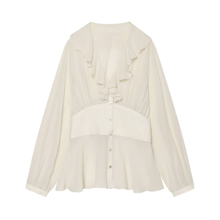 Women Ruffled Viscose Blouse with Ruffled Collar and Tailored Yoke Drune