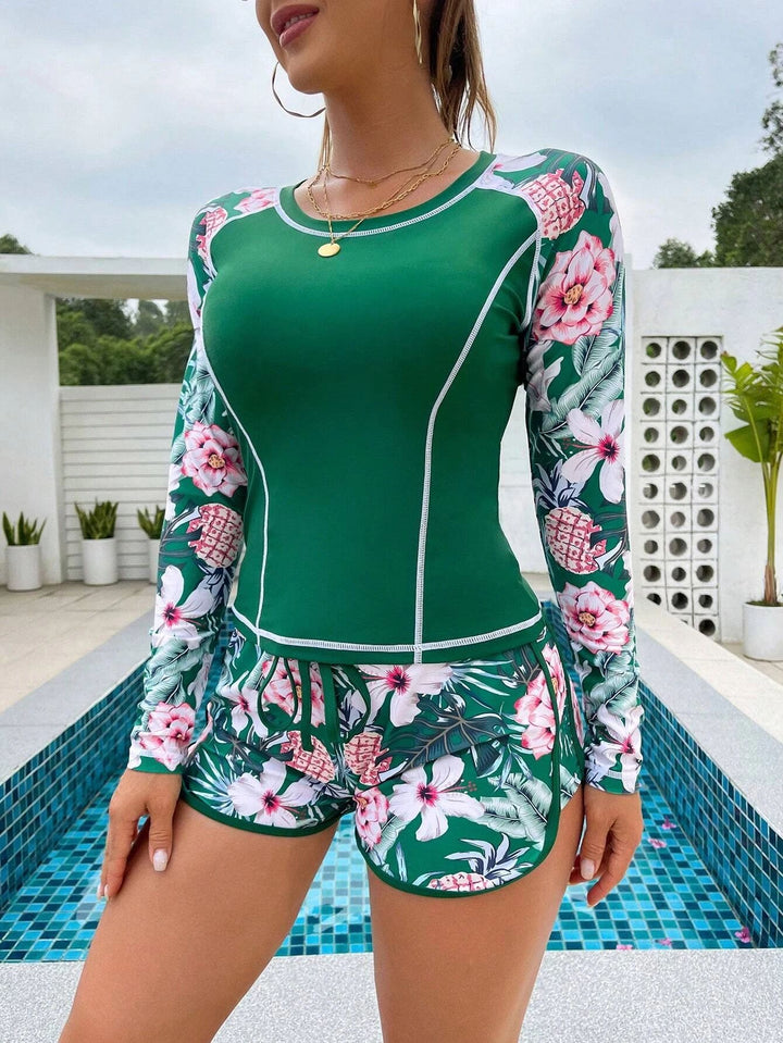 Women Long Sleeve Surf Swimsuit with Floral Pattern Mune Fashion