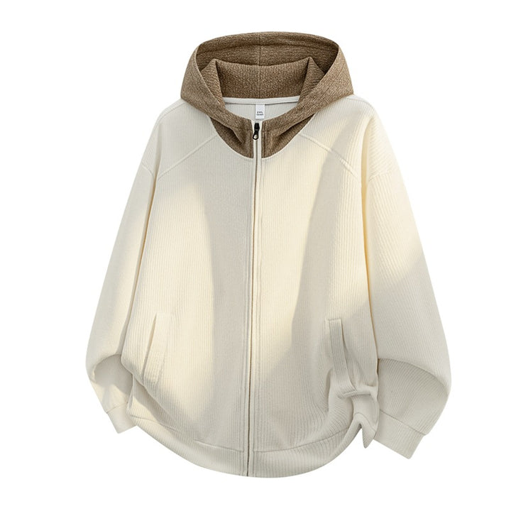 Women's Oversize Knitted Hooded Jacket with Full Zip, Contrast Hood & Ribbed Texture Mix Mune Fashion