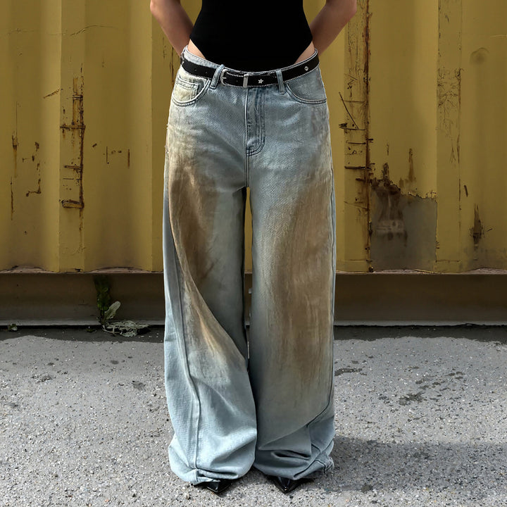 Women's Extra Wide Jeans Pants with Low Waist, Wide Flare and Used Wash Mune Fashion
