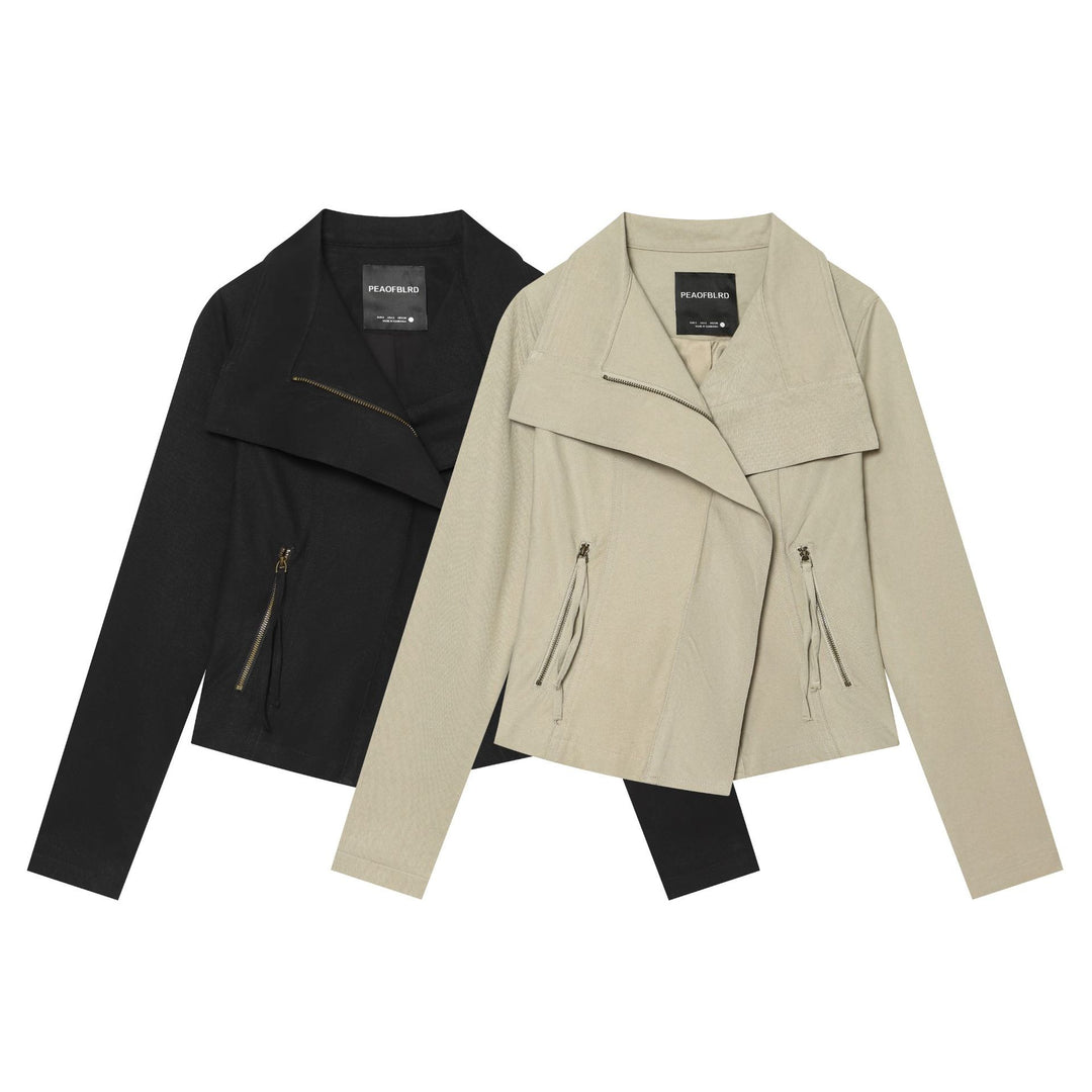 Ladies Asymmetrical Transitional Jacket with Wide Lapel and Drawstring Hood