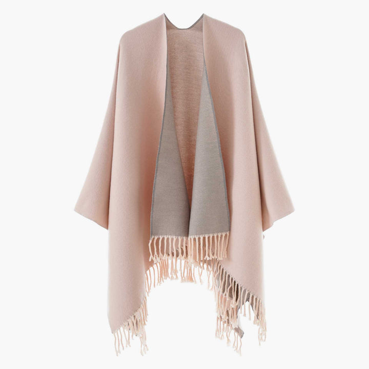 Women's Reversible Wool Blend Poncho with Fringe Hem and Open Front Mune Fashion