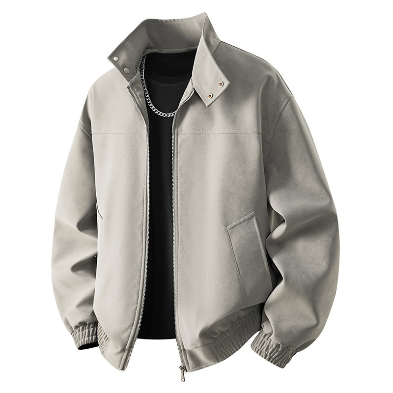 Men's Neat Velour Leather Look Bomber Jacket with Stand-Up Collar, Two-Way Zipper & Zipper Pockets Mune Fashion