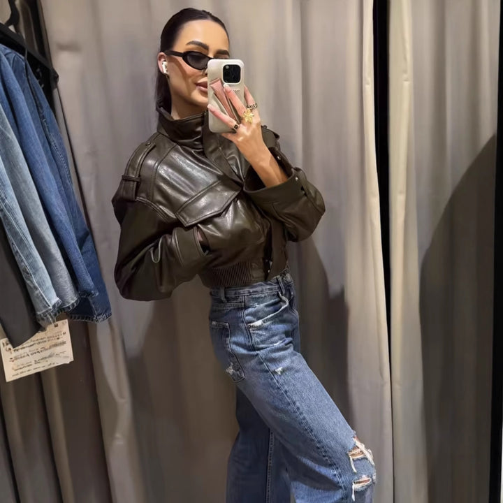 Women's 10+ short faux leather bomber jacket in military look with flap pockets and stand-up collar Mune Fashion
