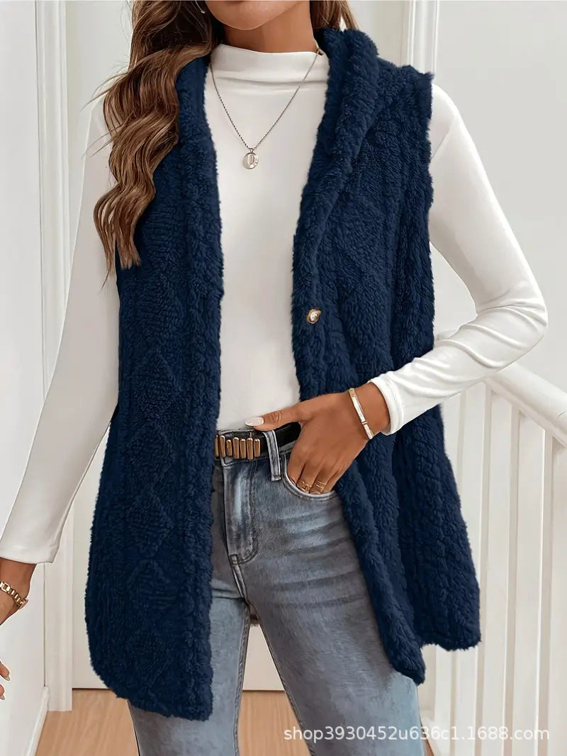 Women Fleece Lined Teddy Vest with Hood and Button Closure Mune Fashion