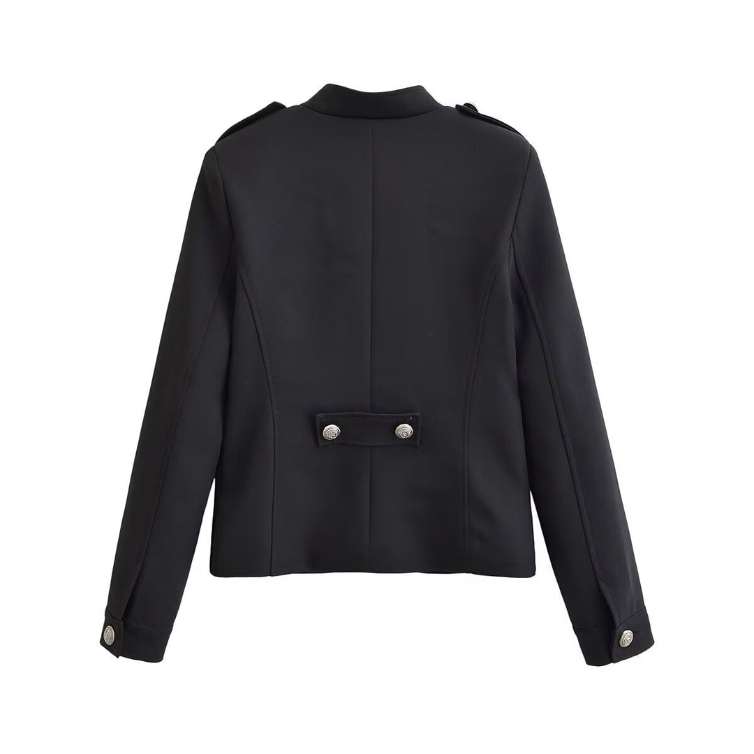Women's Short Stand Collar Blazer with Double Decorative Button Placket and Epaulettes Mune Fashion