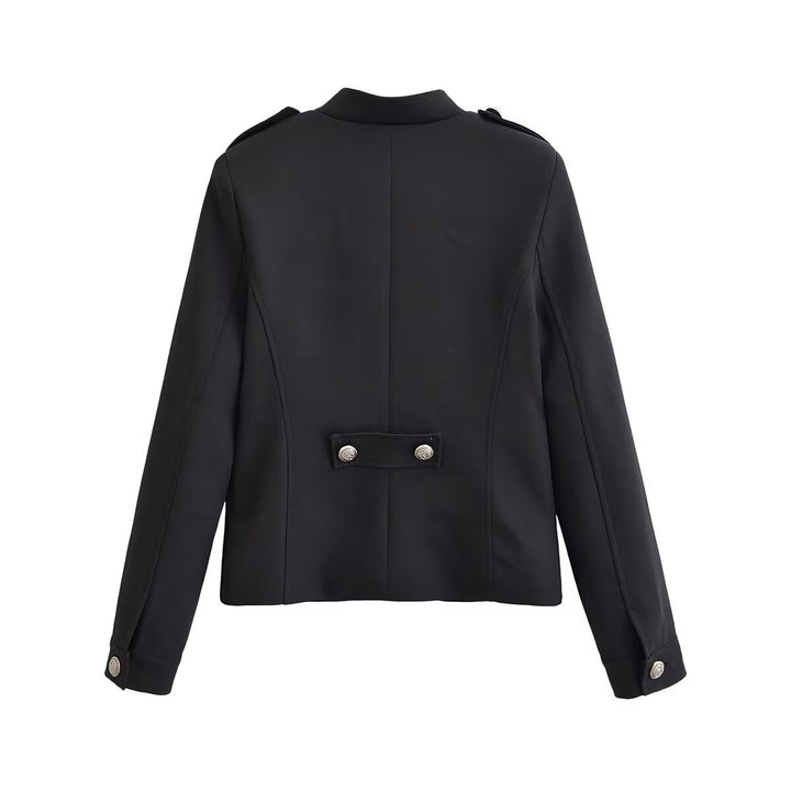 Women's Short Stand Collar Blazer with Double Decorative Button Placket and Epaulettes Mune Fashion