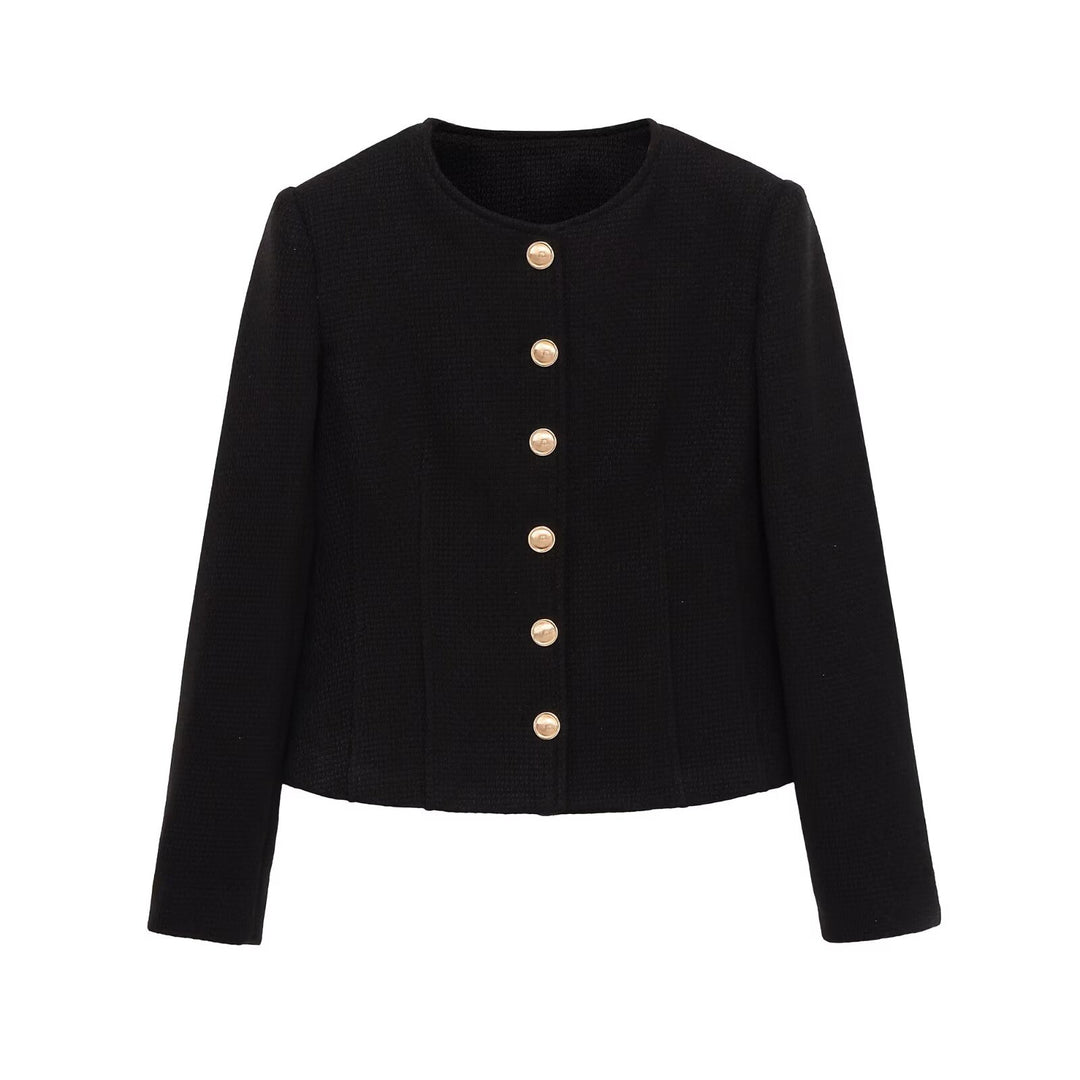 Ladies short blazer made of bouclé with round neckline and golden decorative buttons Mune Fashion
