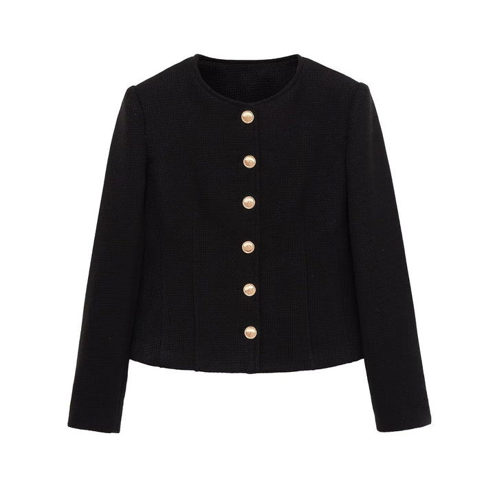 Ladies short blazer made of bouclé with round neckline and golden decorative buttons Mune Fashion