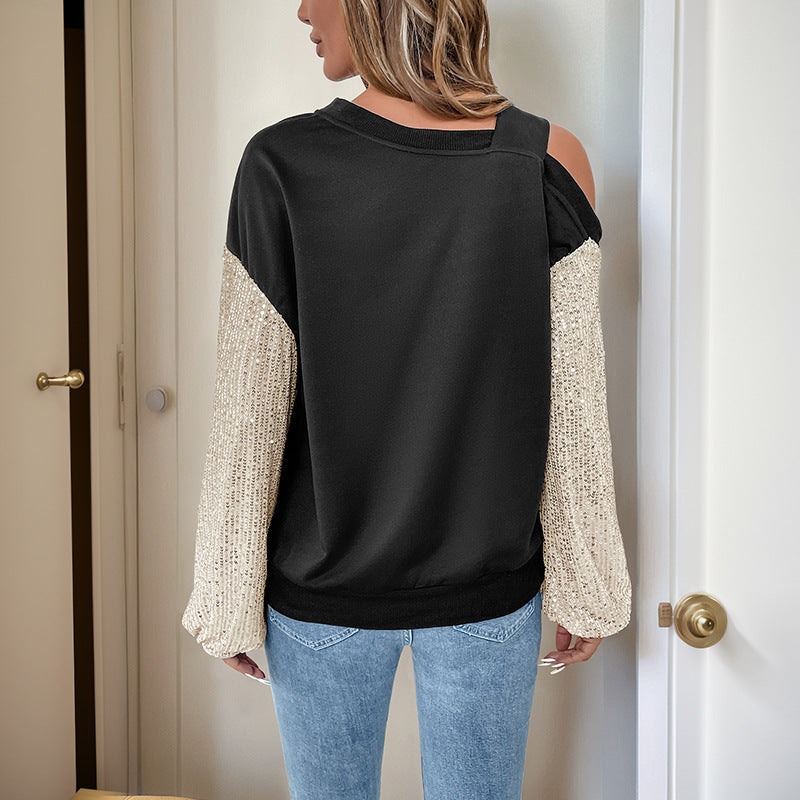 Women’s Asymmetric Sweatshirt with Shoulder Cutout and Sequin Knit Sleeves Mune Fashion