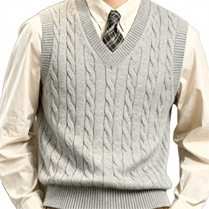 Men's Sleeveless Cable Knit Vest with V-Neck and Fine Rib Edge Mune Fashion