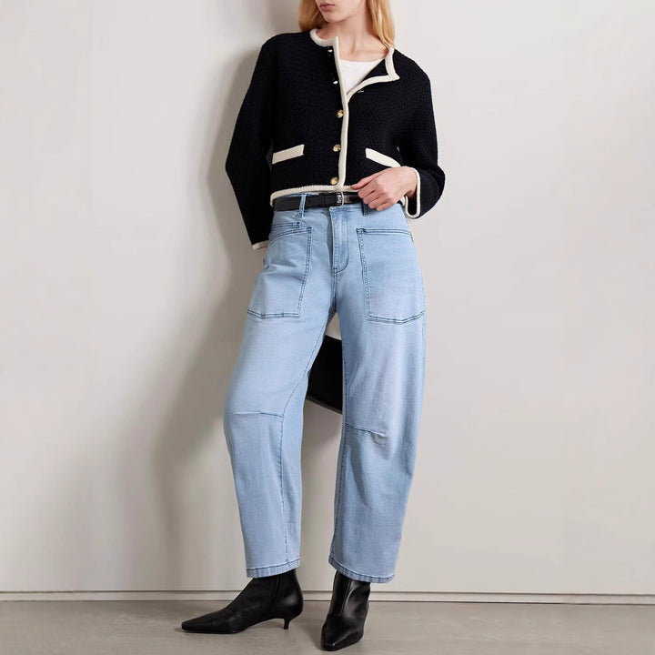 Women's casual canvas pants with high waistband, wide leg and patch pockets Mune Fashion
