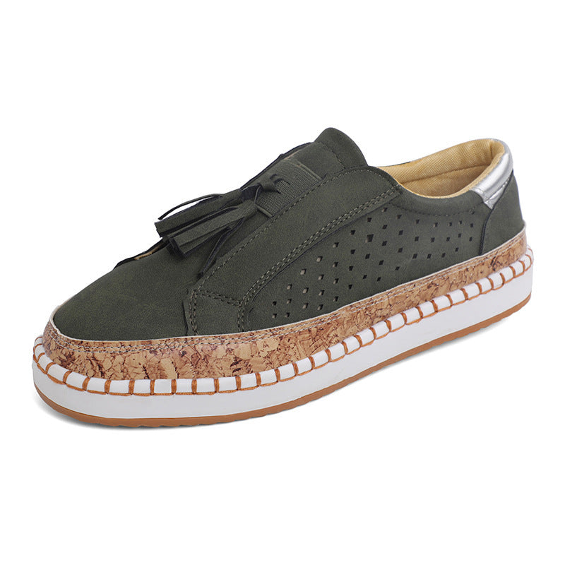 Women's Nano Perforated Slip-On Sneakers with Tassels, Cork Platform, and Decorative Hand Stitching Mune Fashion