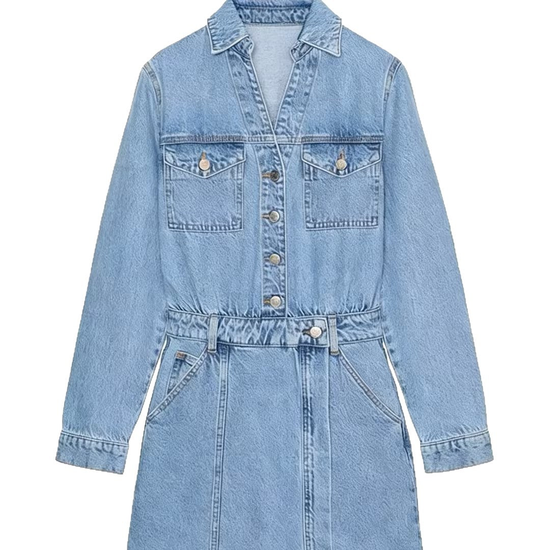 Women's Tailored Jeans Mini Dress with Shirt Collar, Patch Chest Pockets and Decorative Button Placket Mune Fashion