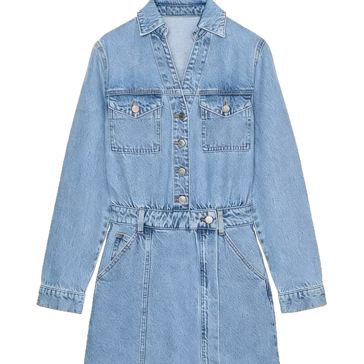 Women's Tailored Jeans Mini Dress with Shirt Collar, Patch Chest Pockets and Decorative Button Placket Mune Fashion