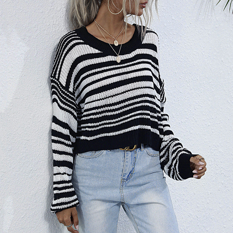 Ladies Cropped Knit Sweater with Off-Shoulder, Loose Oversize Fit & Striped Pattern Mune Fashion