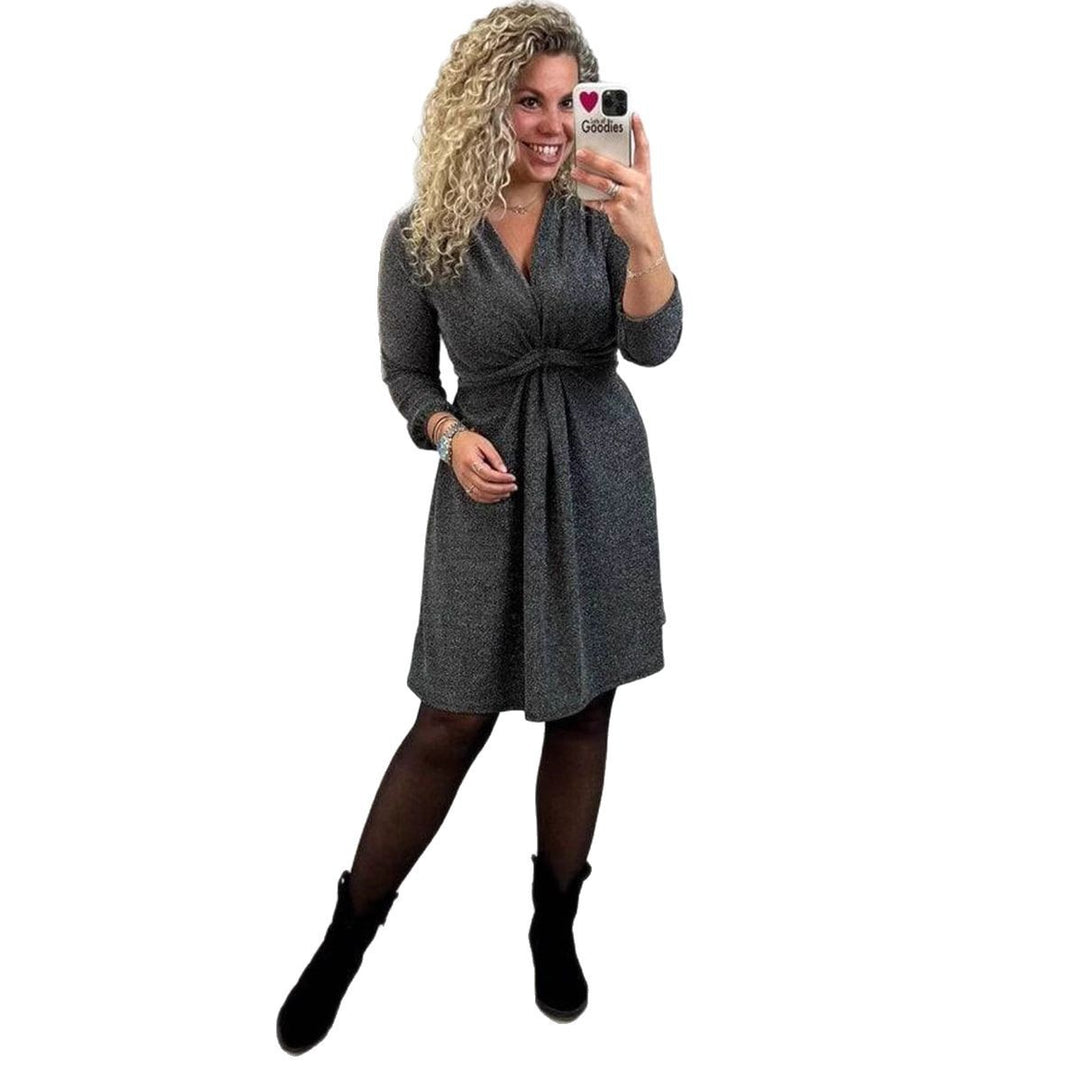 Women's knee-length V-neck dress with gathered waistband made of lightweight glossy knit Mune Fashion