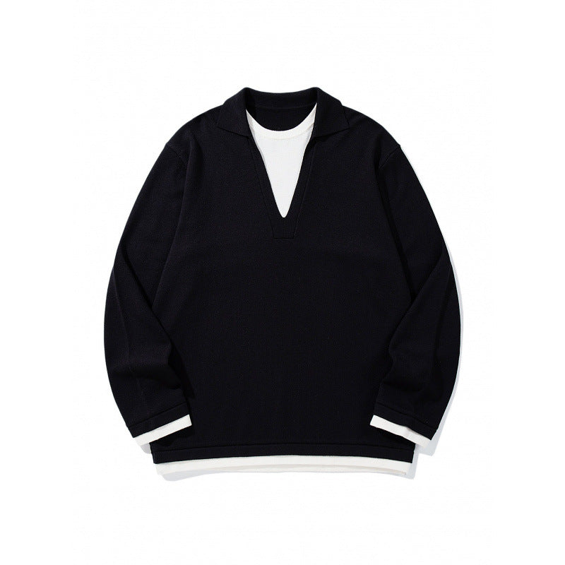 Unisex Oversize Knit Sweater with Open V-Neck and Shirt Collar Mune Fashion