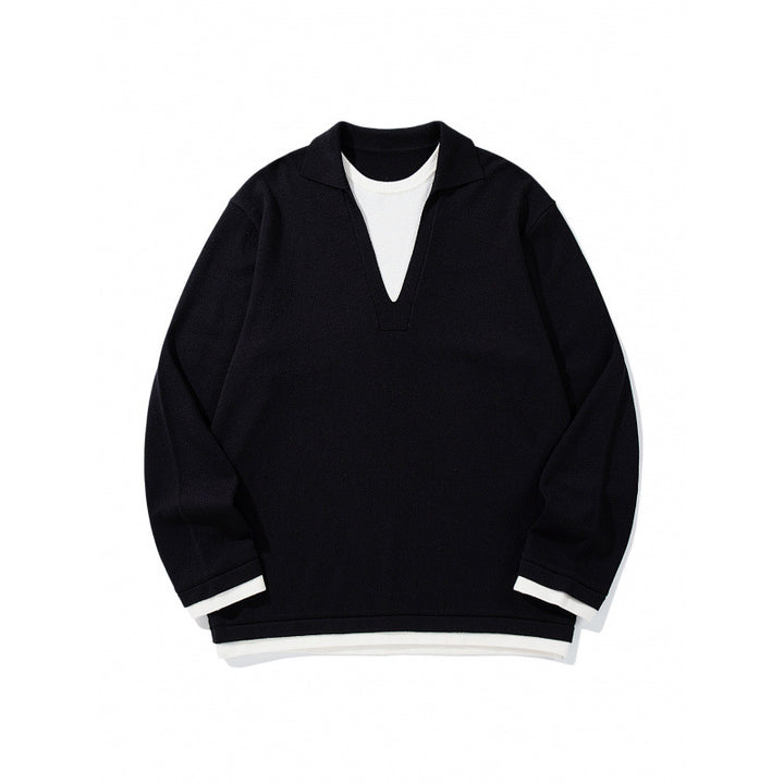 Unisex Oversize Knit Sweater with Open V-Neck and Shirt Collar Mune Fashion