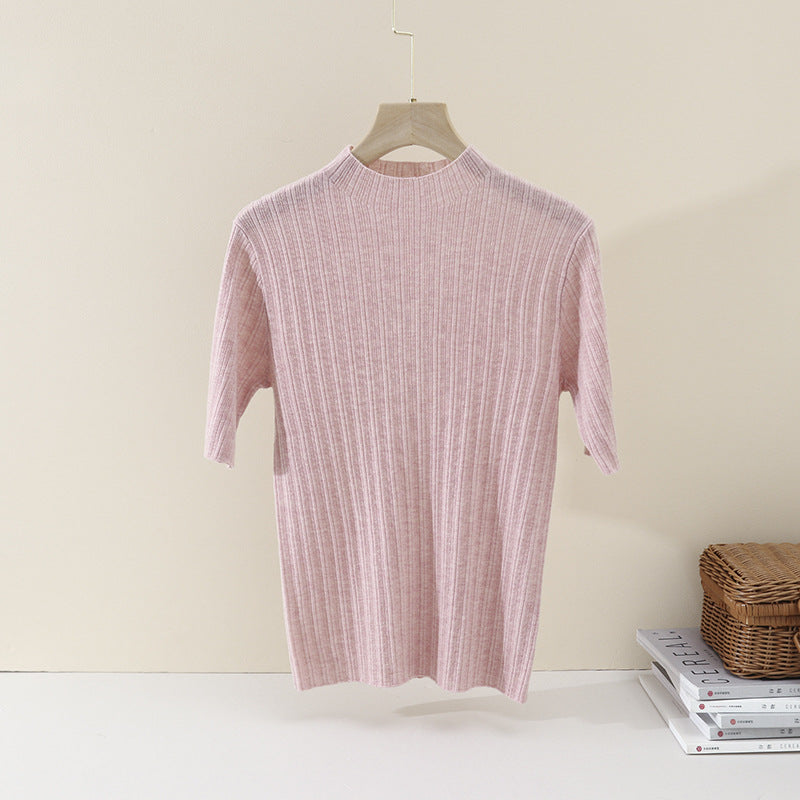 Ladies Fine Ribbed Short Sleeve Fine Knit Top with Stand Collar Mune Fashion
