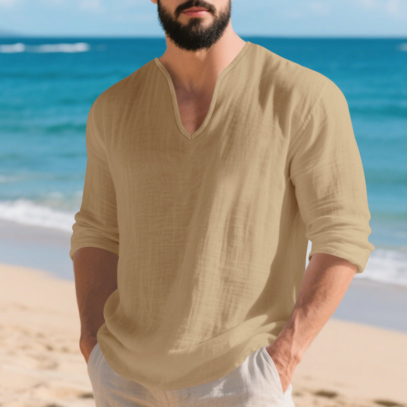 Men's lightweight linen V-neck shirt with a loose fit and roll-up sleeves Mune Fashion