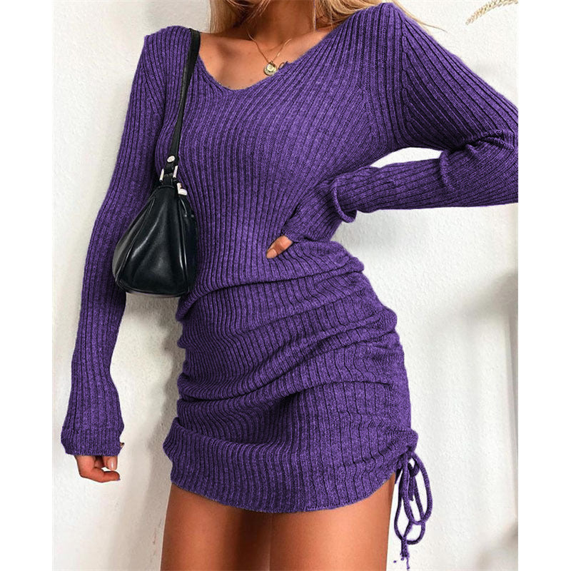 Women's Figure-Hugging Rib Knit Mini Dress with Long Sleeves and Side Gathering Mune Fashion