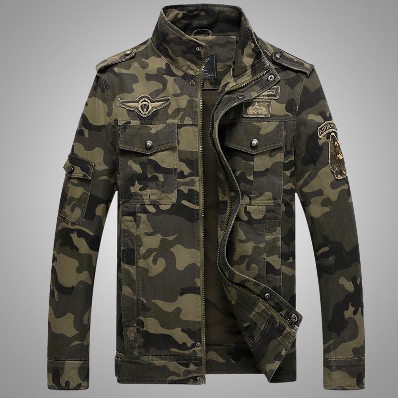 Men's Camo Utility Bomber Jacket with Stand-Up Collar, Multiple Pockets and Ribbed Cuffs Mune Fashion