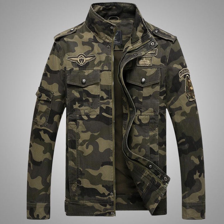 Men's Camo Utility Bomber Jacket with Stand-Up Collar, Multiple Pockets and Ribbed Cuffs Mune Fashion