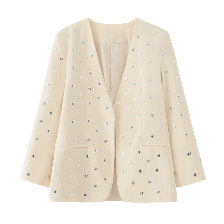 Women Longline Blazer with Sequin Embellishment in Polka Dot Optics Mune Fashion