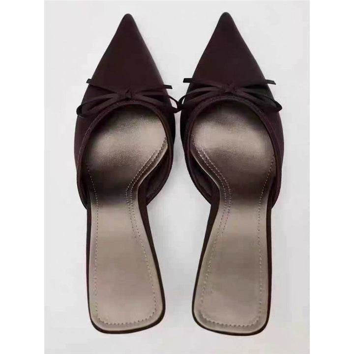 Women's pointed satin-like mule with delicate bow appliqué and slim stiletto heel Mune Fashion