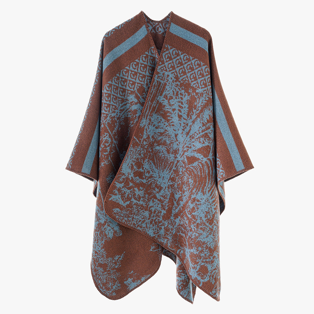 Women's Luxurious Jacquard Pattern Poncho with Asymmetrical Pointed Hem