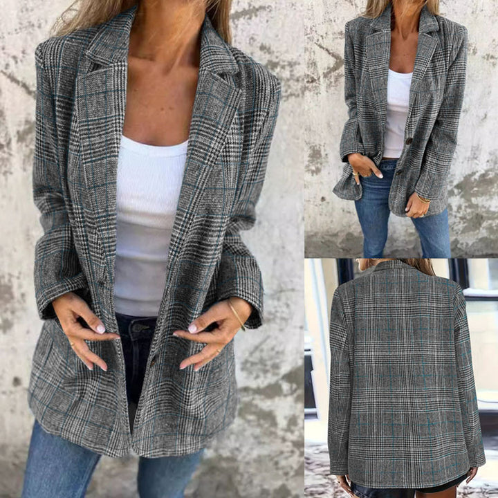 Women's Loose Glen Check Blazer with Notch Lapel, Flap Pockets and One-Button Closure Mune Fashion