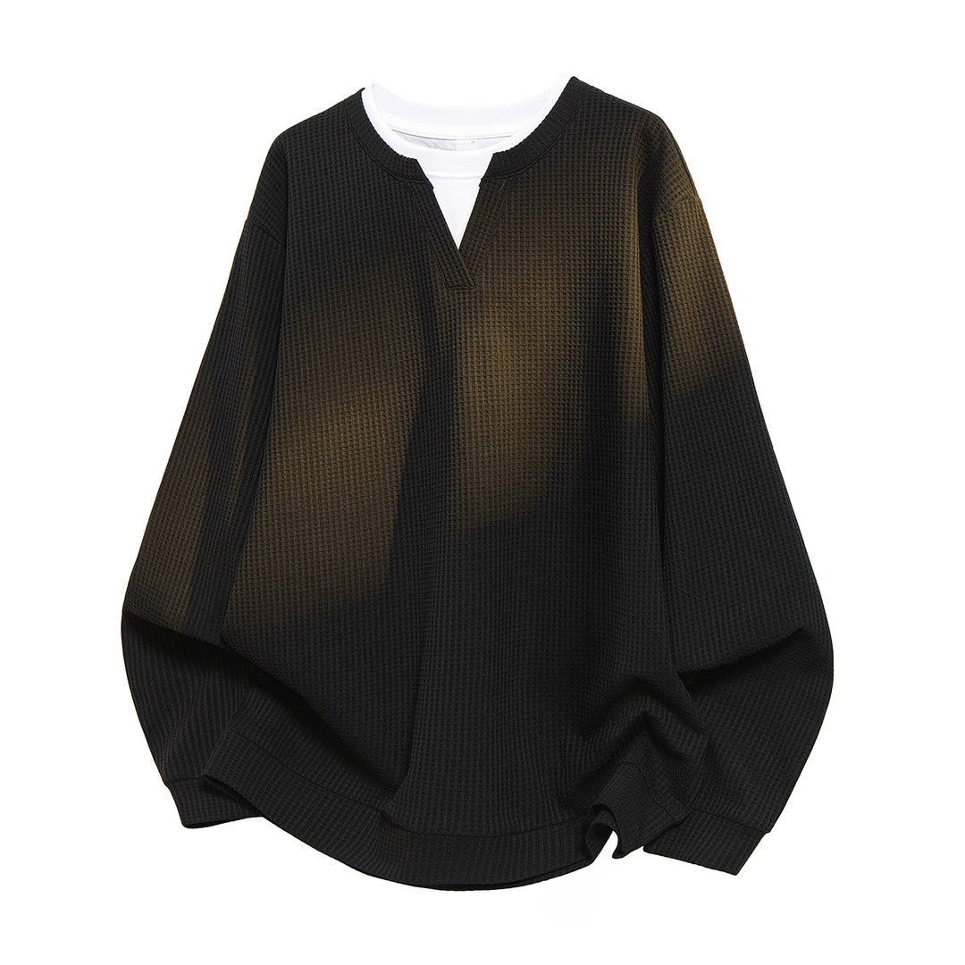 Men's Oversized Waffle Structure Long Sleeve Shirt with V Insert and Layering Look Mune Fashion