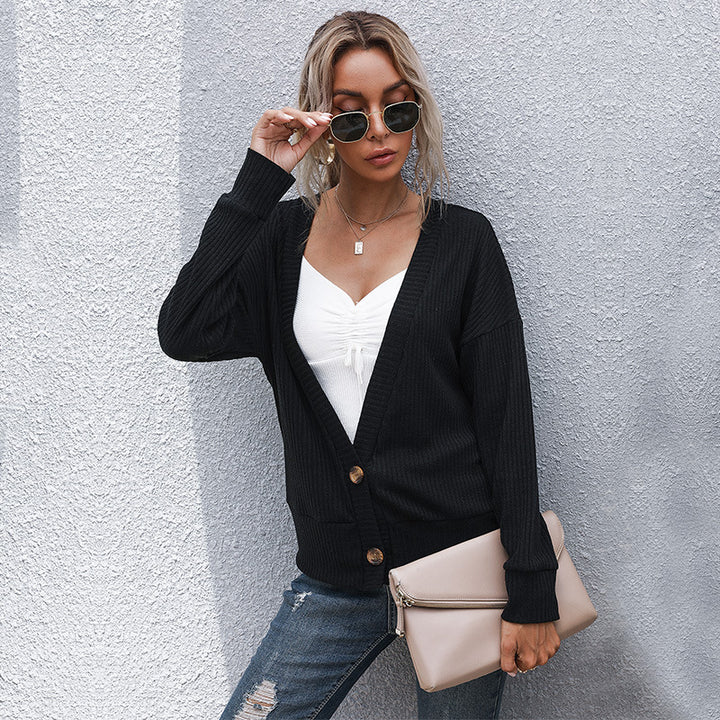 Women's Open Fine Knit Cardigan with Rib Structure, Button Placket and Loose Fit Mune Fashion