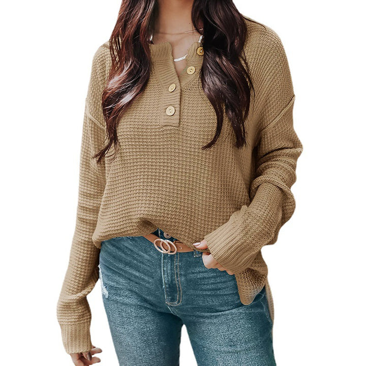 Women's Relaxed Waffle Texture Henley Pullover with Button Placket and Dropped Shoulder Mune Fashion
