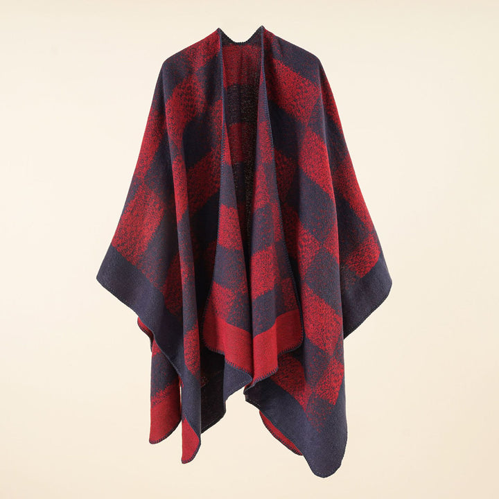 Women Versatile Wool Blend Wrap in Boxy Kimono Cut with Large Plaid Jacquard Detail