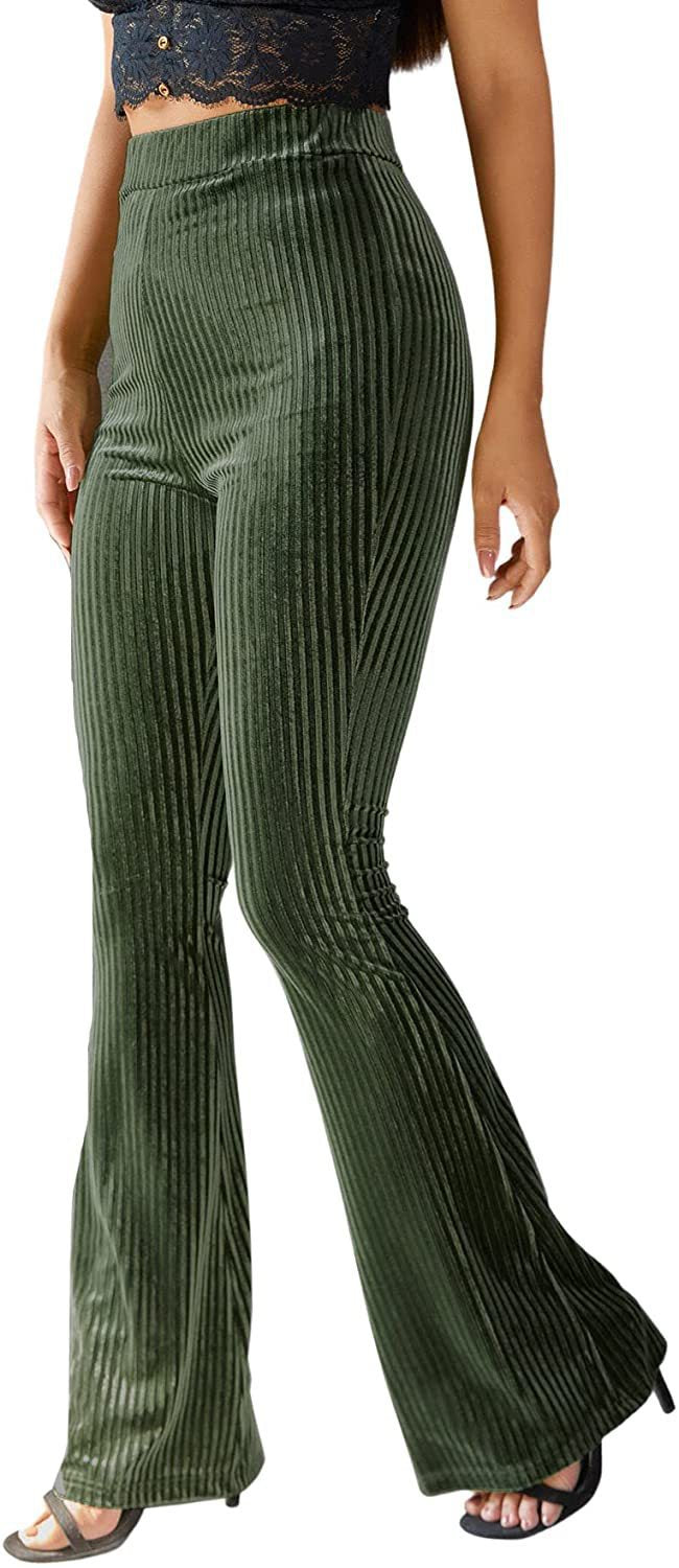 Women's high-waisted ribbed velvet flare trousers with wide flare and elastic waistband Mune Fashion