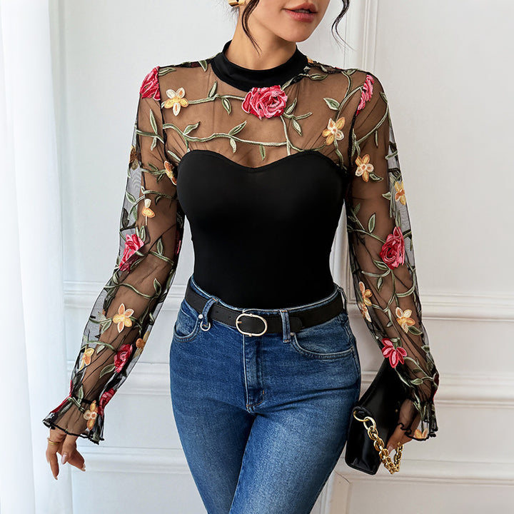 Women Transparent Mesh Bodysuit with Floral Embroidery, Heart Bustier Insert and Stand-Up Collar Mune Fashion